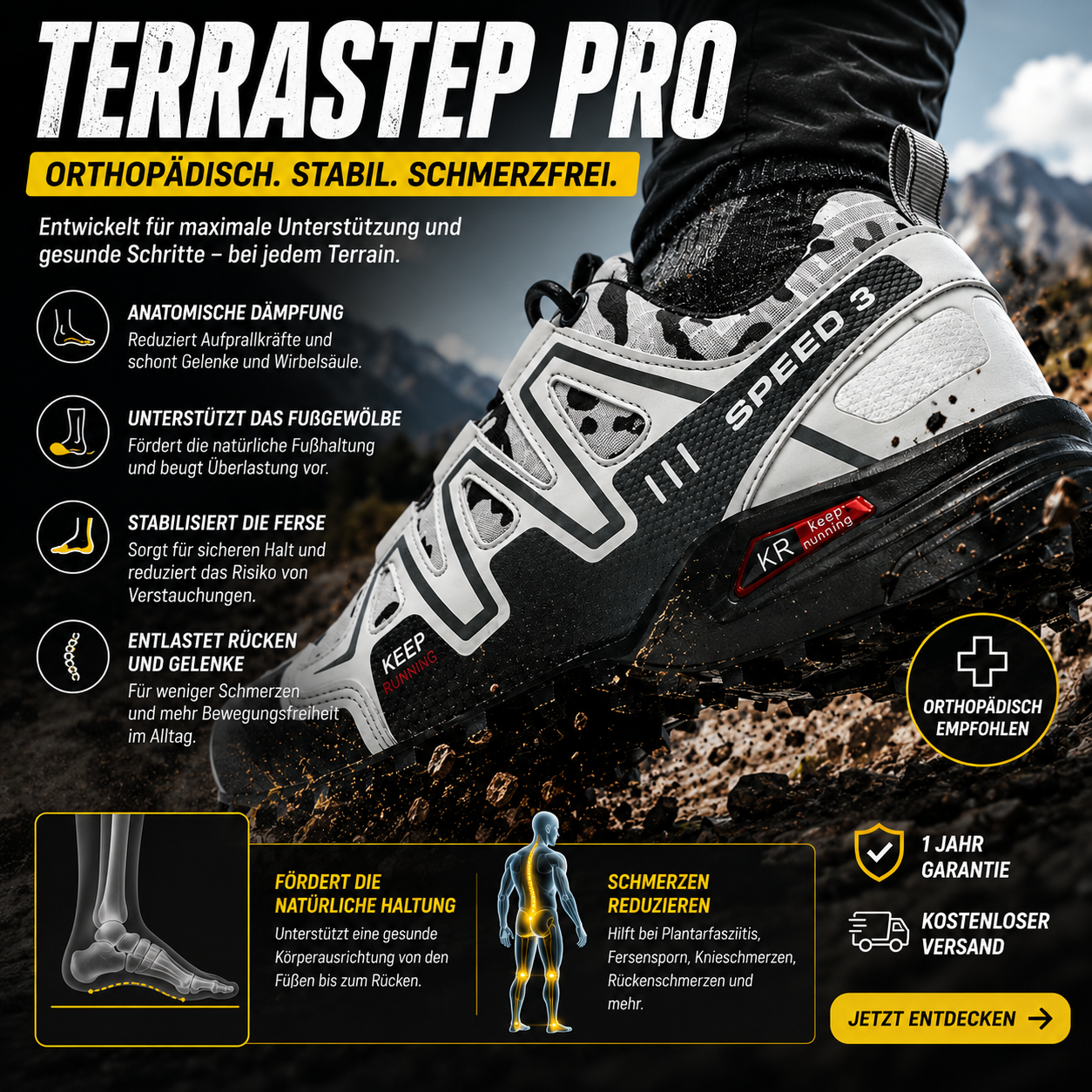 TerraStep Pro – Orthopädischer, wasserdichter & schmerzlindernder  Lauf- & Wanderschuh Unisex